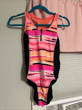 Black One-Piece Swimsuit with Neon Orange Accents